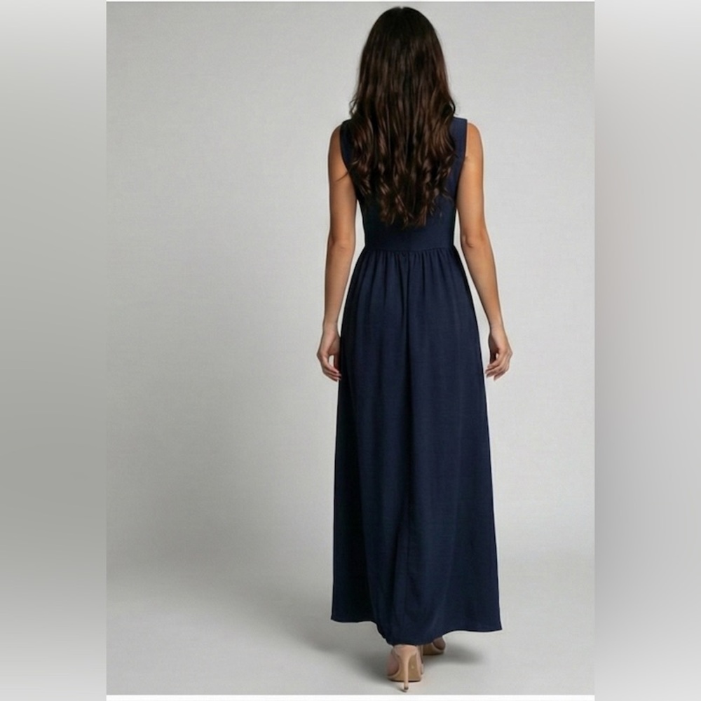 Gathered-Waist A-Line Maxi Dress With Pockets Blue - Picture 5 of 7